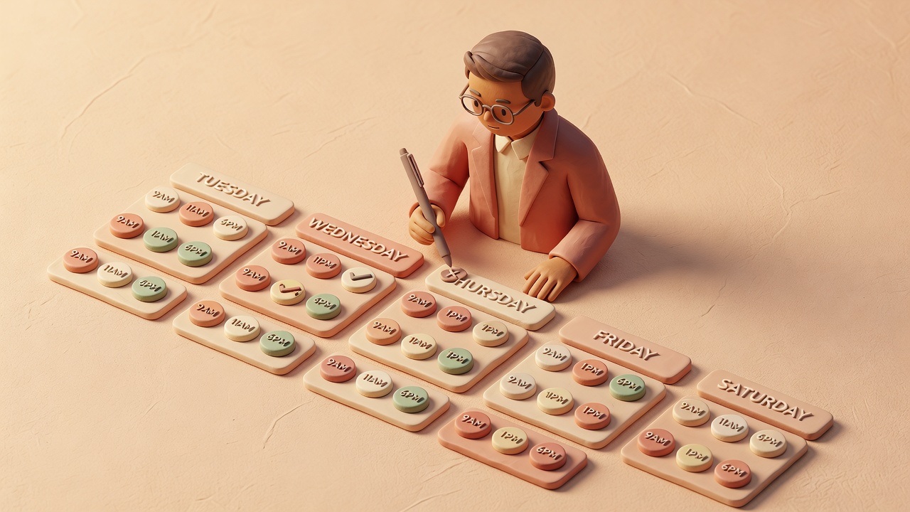 Founder one week posting time test matrix shown as clay checklist cards