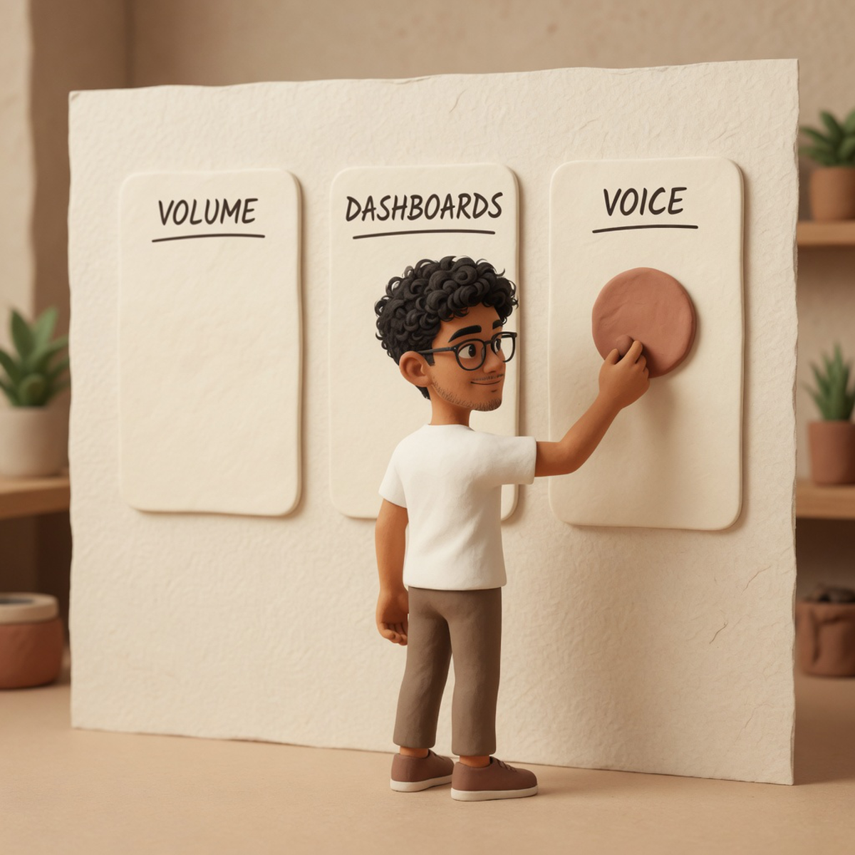 Illustrated @shownotover ranking clay cards labeled volume, dashboards, and voice