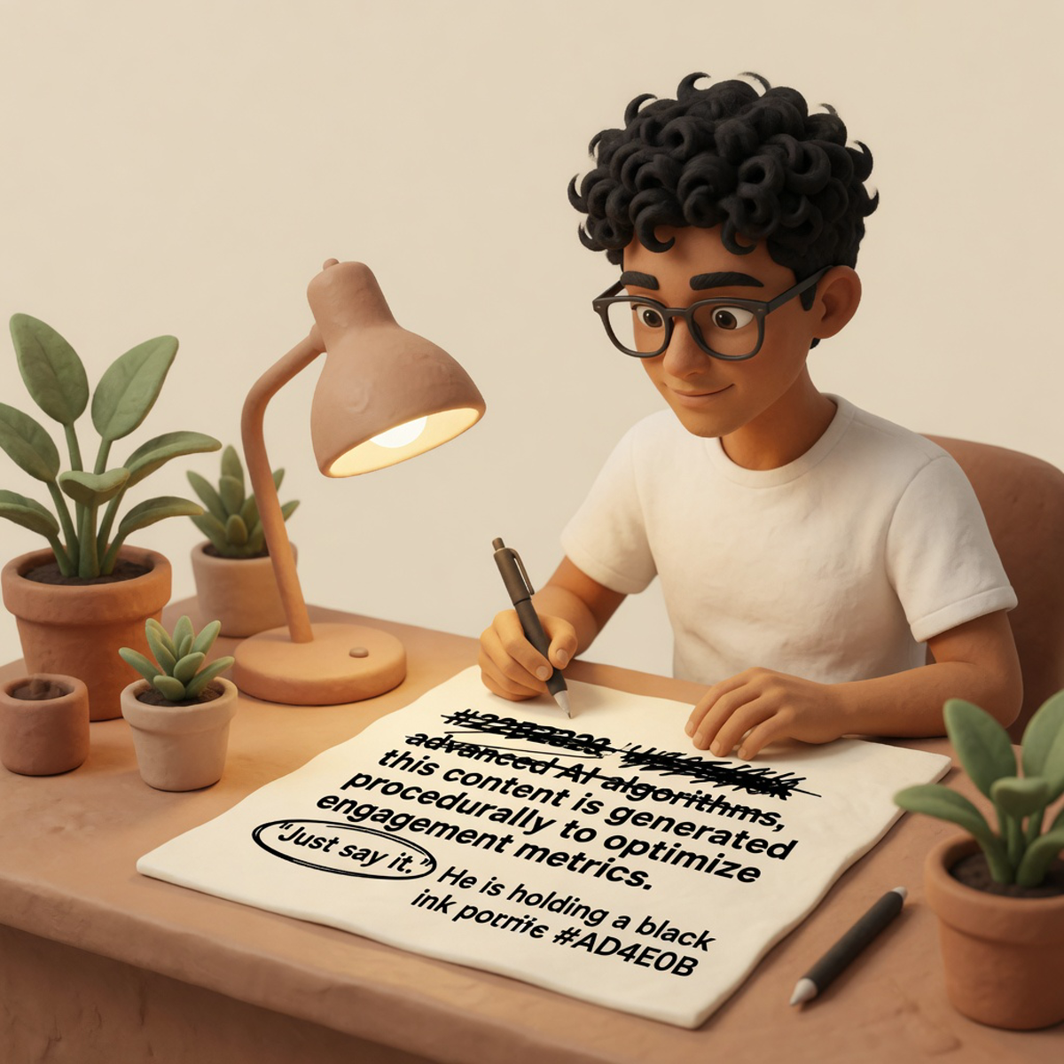 @shownotover editing a tweet on paper with AI tells crossed out in clay ink