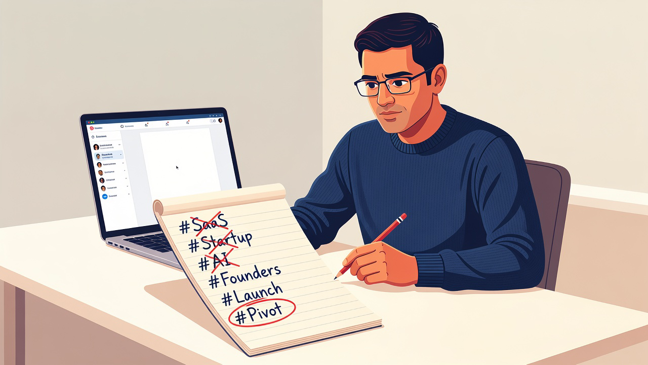 Founder at a laptop crossing out a hashtag stack on a tweet draft and circling one event tag