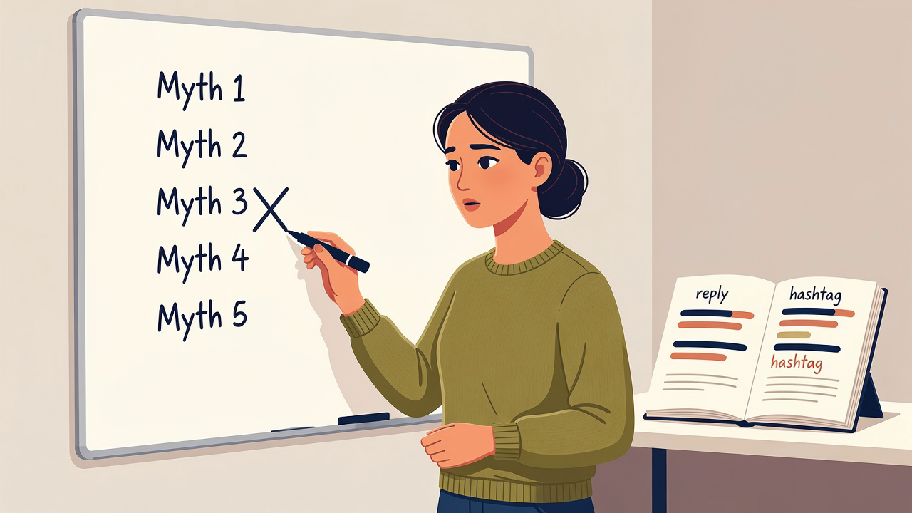 Founder at a whiteboard marking five hashtag myths false while a small For You weight list sits on the desk