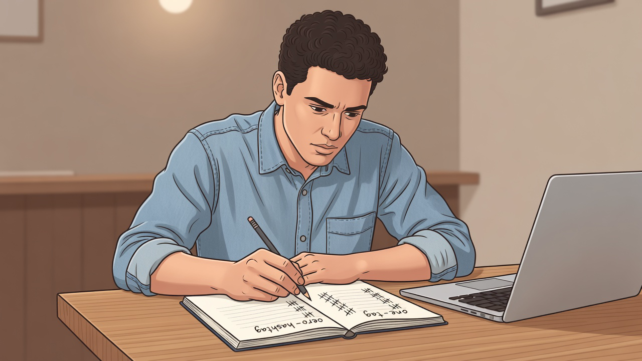 Founder filling a 7-day notebook of post counts with a zero-hashtag column next to a one-tag column