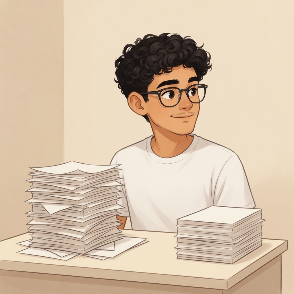 Founder comparing a tall "no links" stack with a thinner "weights" stack on paper