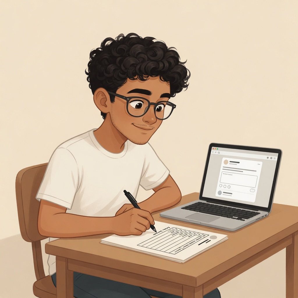 Founder ticking a six-row link placement matrix on paper next to a laptop