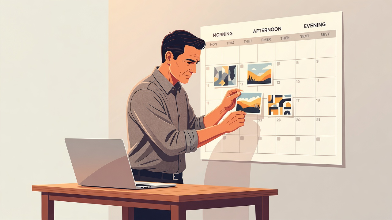 Founder spacing three original posts across a day on a simple wall calendar