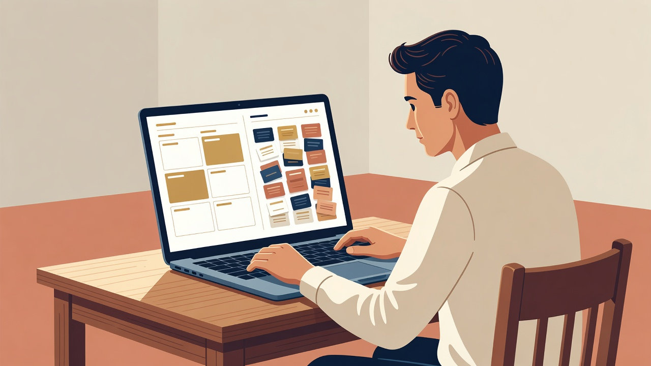 Founder at a laptop comparing a calm three-slot calendar with a messy fifteen-post dump