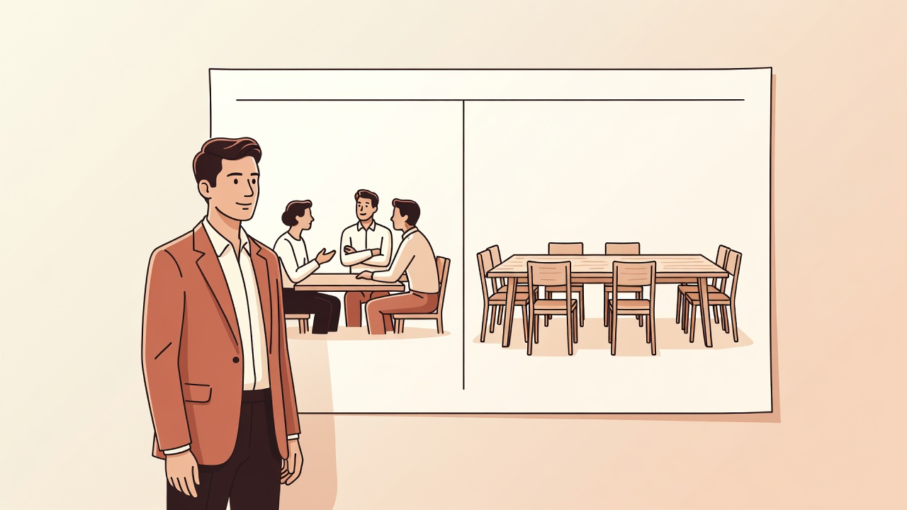 Founder beside a two-column chart of a small conversation versus an empty table