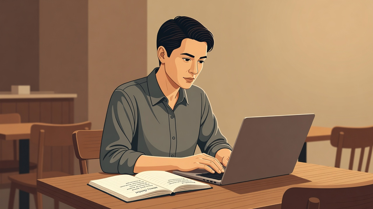 Founder at a cafe table writing a short reply on a laptop
