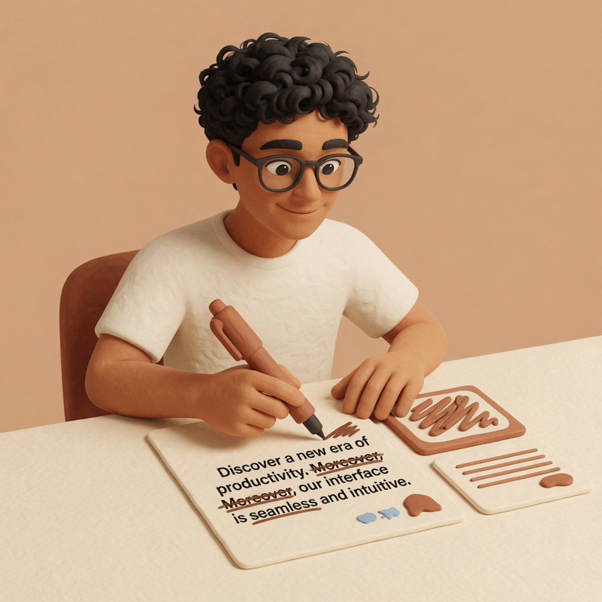 Illustrated @shownotover at a paper desk crossing AI tells off a tweet with clay ink