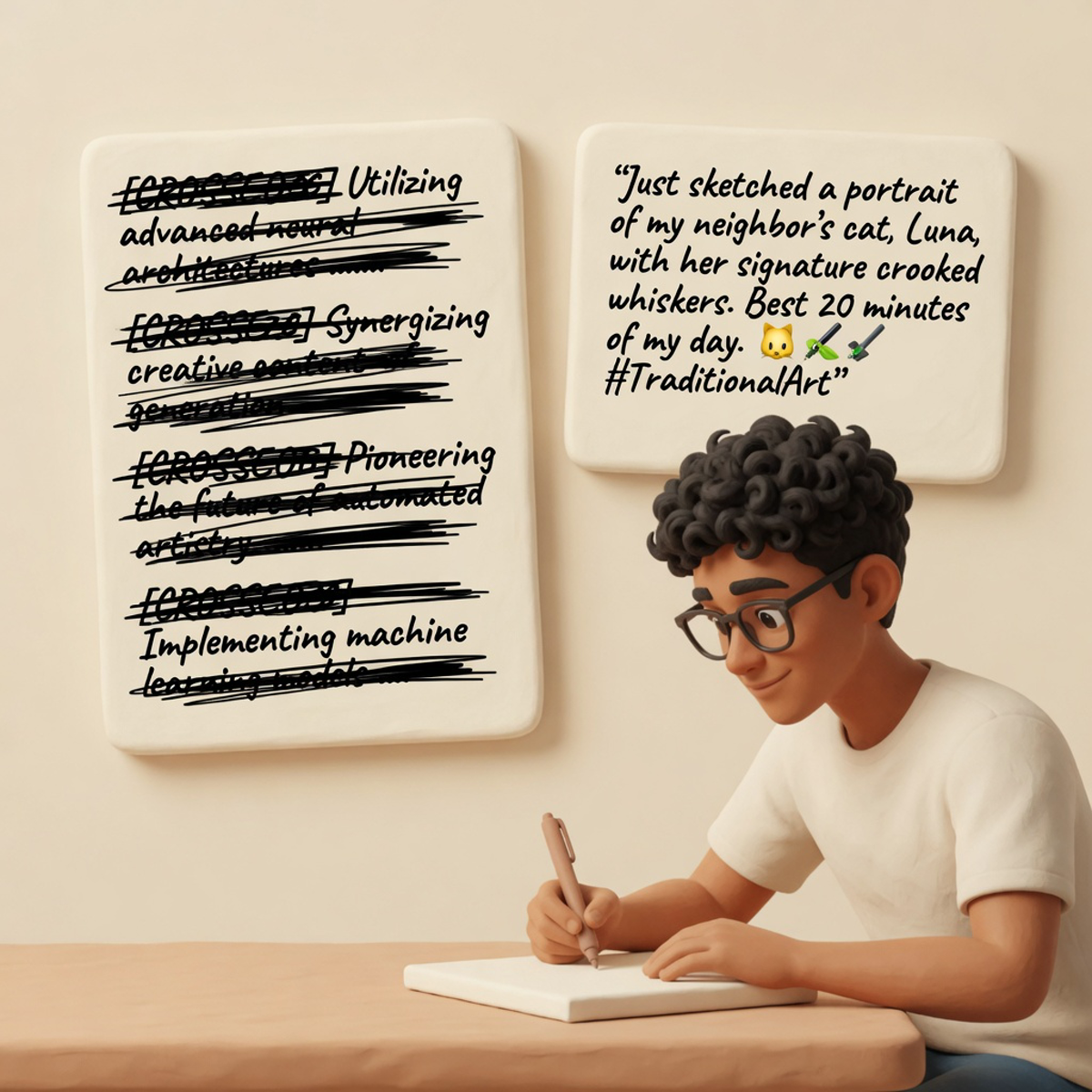 Before and after tweet cards on clay paper, AI tells struck through