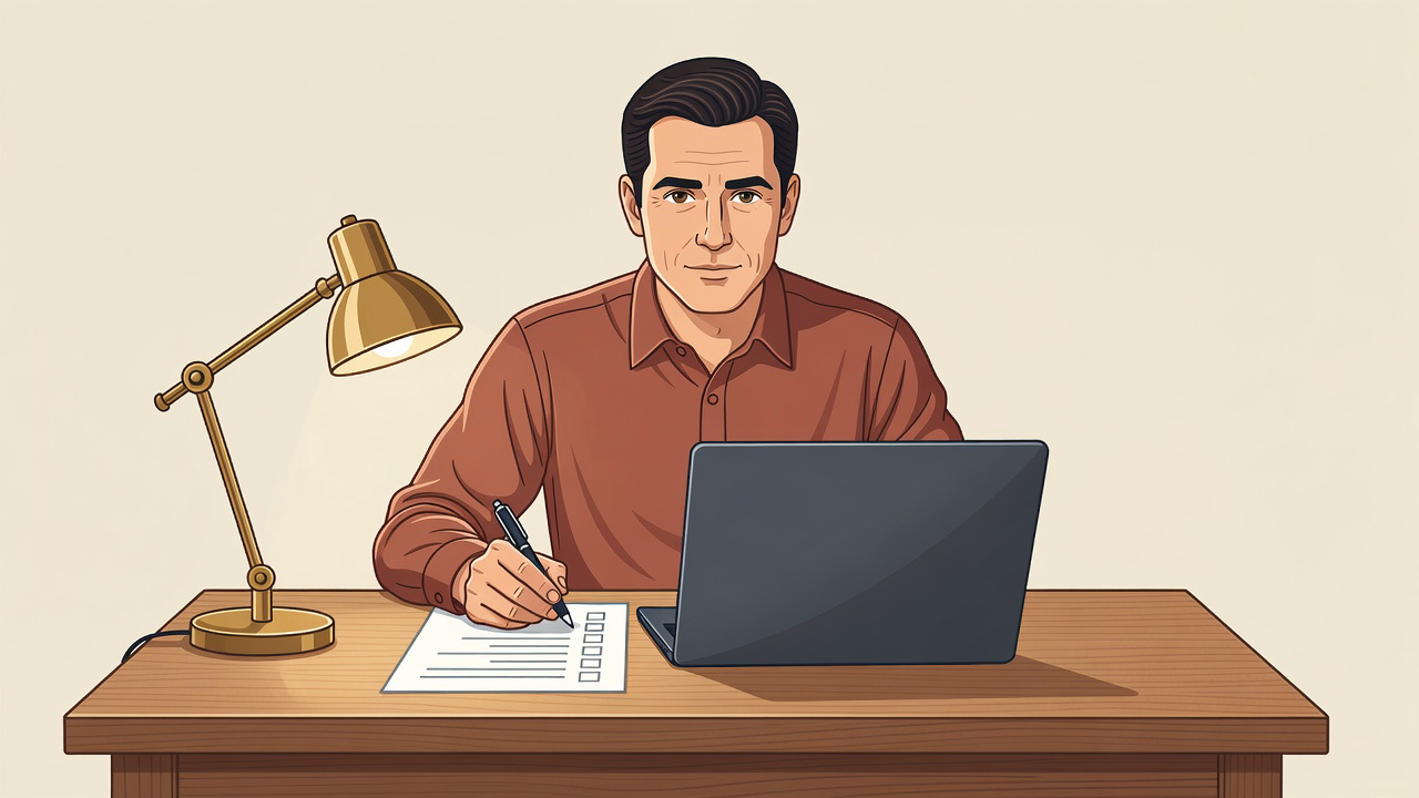 Founder at a laptop matching Twitter search results to a handwritten customer intent checklist
