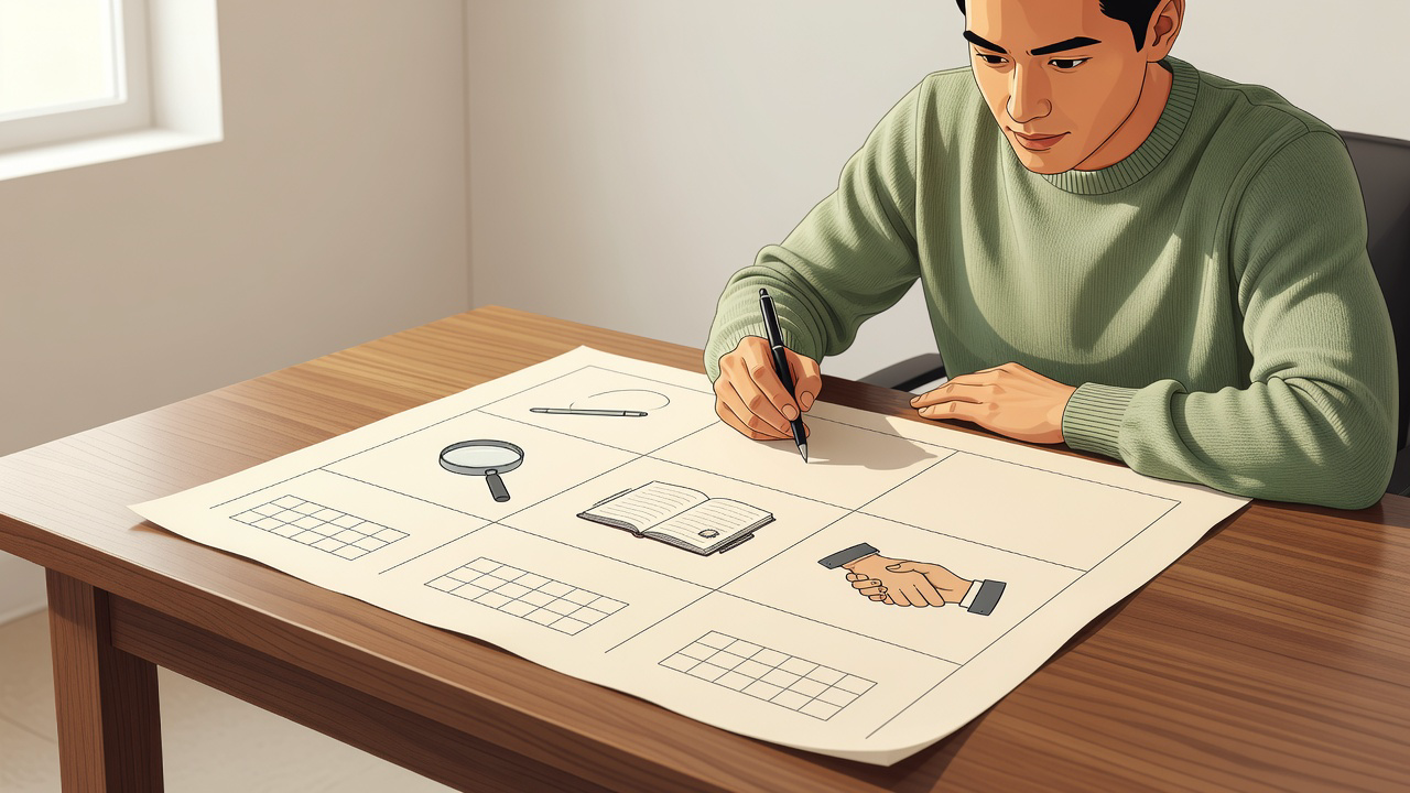 Founder scoring a paper decision matrix of search, build in public, and connect list options