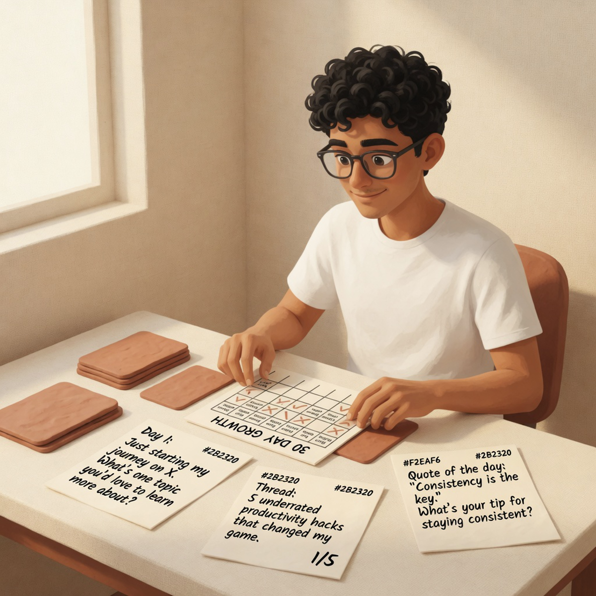Illustrated portrait of @shownotover at a clay desk with a 30 day calendar and three original posts