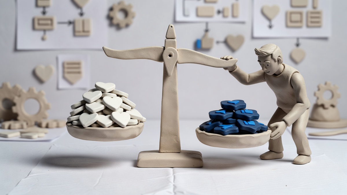 Clay scale weighing cheap like tokens against heavier reply and share tokens