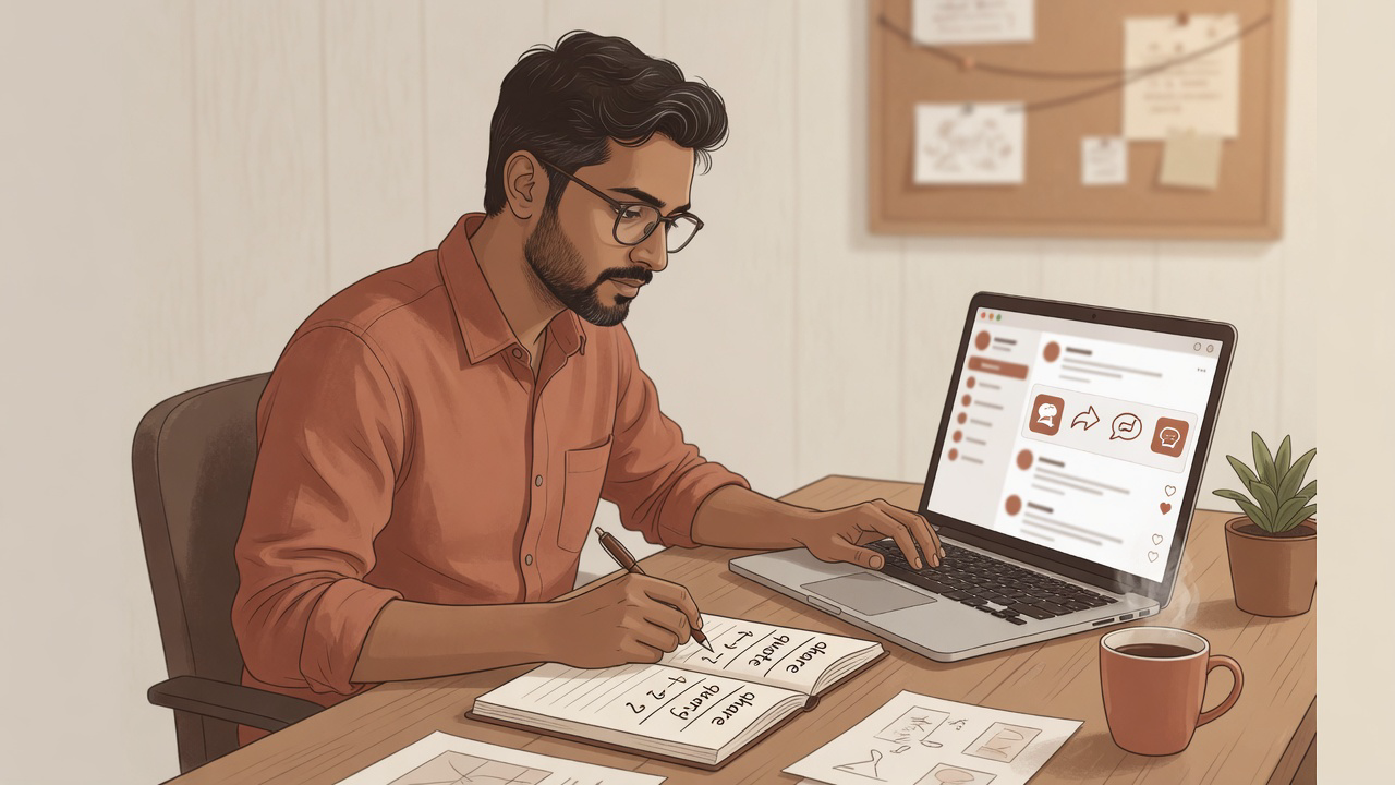 Founder at a laptop reviewing which posts other people actually share