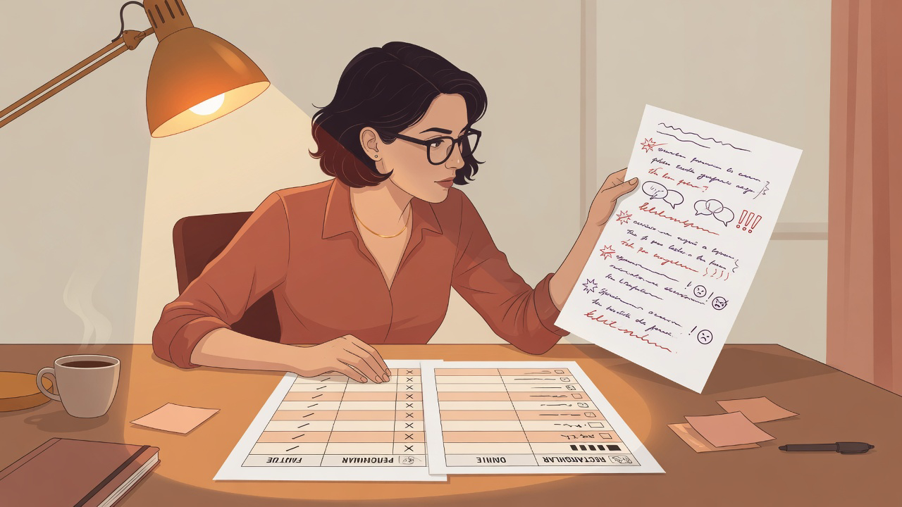 Founder coding Reddit share advice into a paper table next to ranking weights