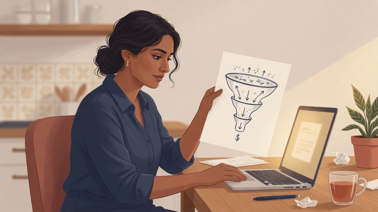 Founder at a laptop tracing a paper funnel from tweet impressions to a dollar amount