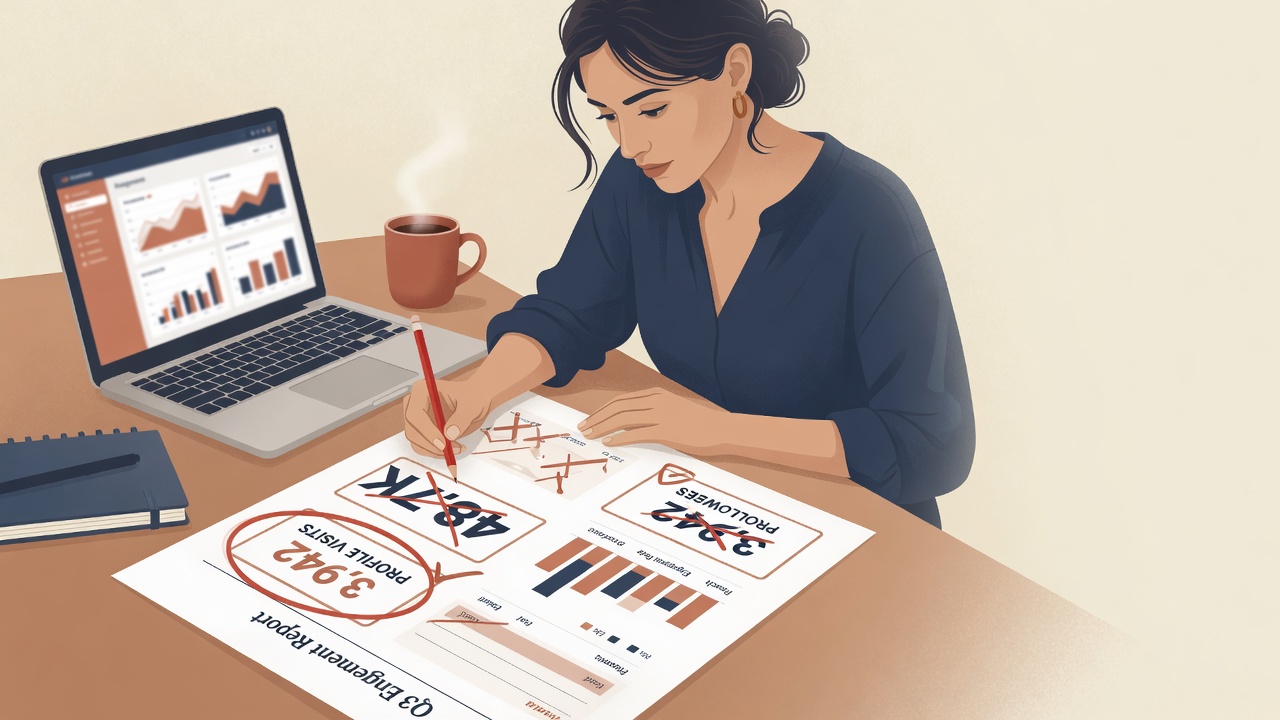 Founder crossing out a follower screenshot and circling profile visits on a printed analytics page