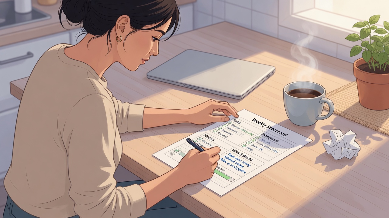 Founder filling a one-page weekly Twitter ROI scorecard at a kitchen table