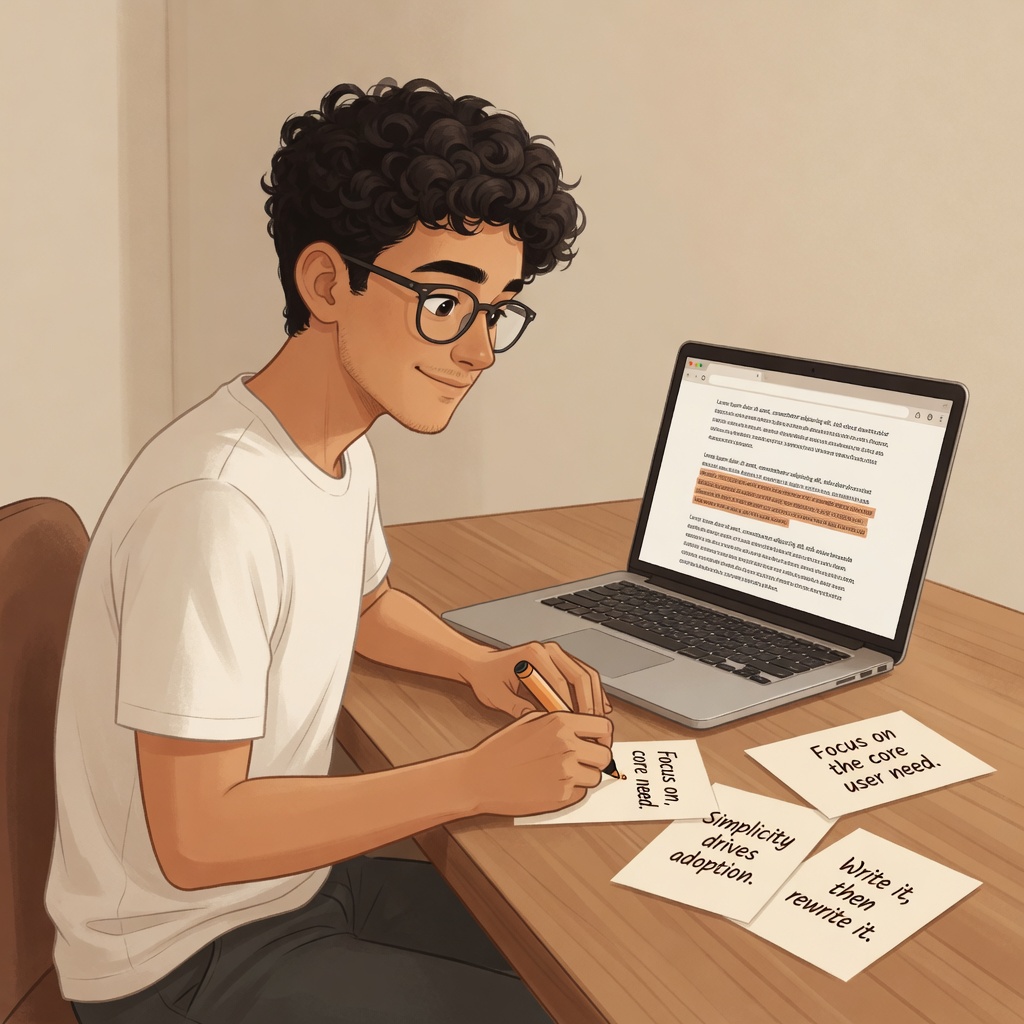Founder at a laptop splitting a highlighted blog article into short tweet cards