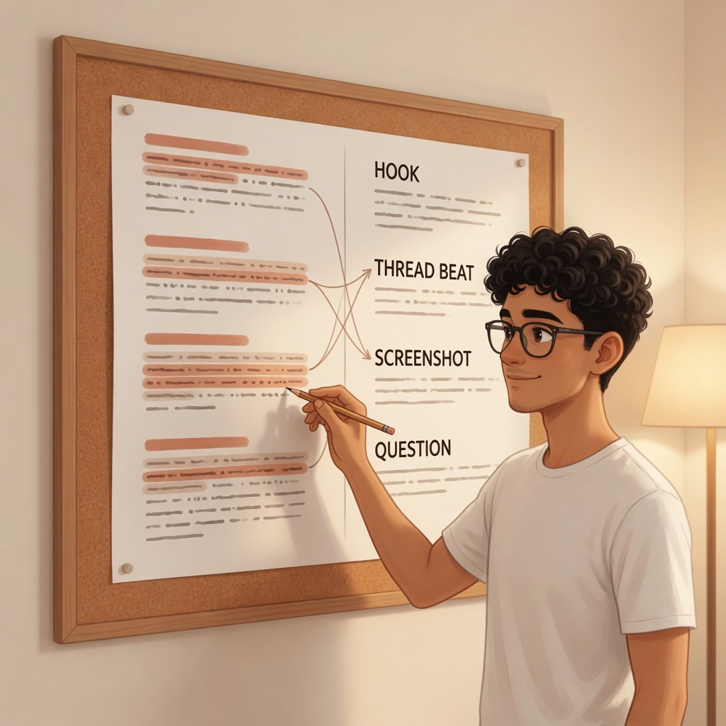 Founder mapping highlighted blog paragraphs to hook, thread beat, screenshot, and question