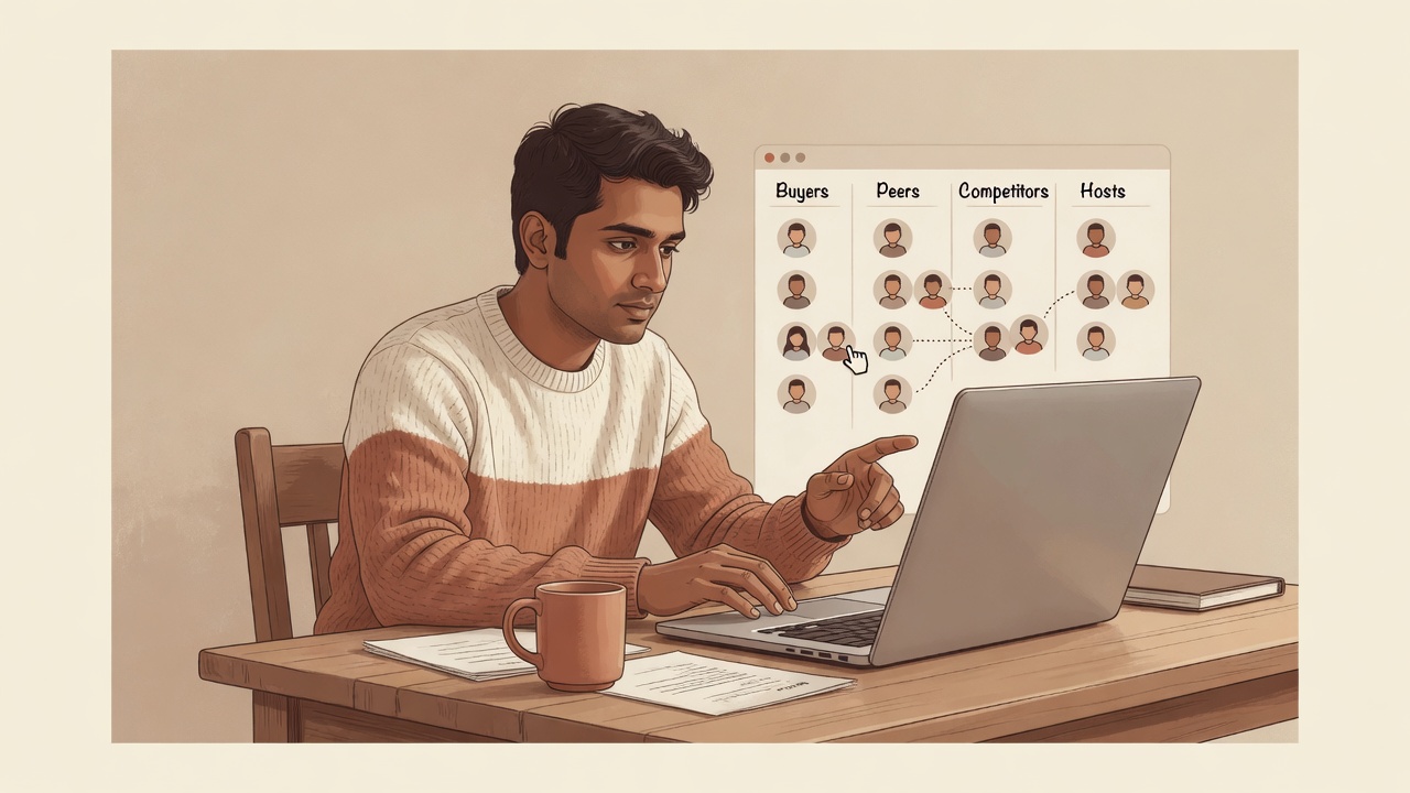 Founder at a laptop sorting X accounts into four labeled list columns