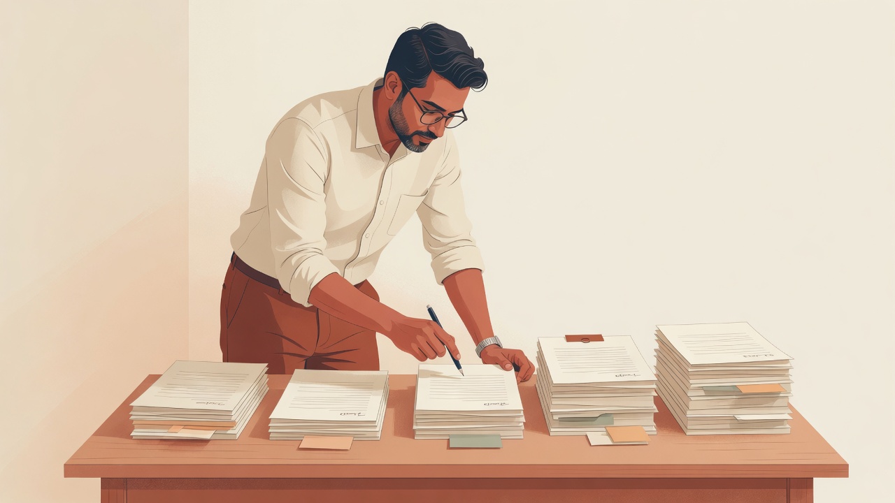 Founder checking four paper columns labeled Buyers, Peers, Competitors, and Hosts