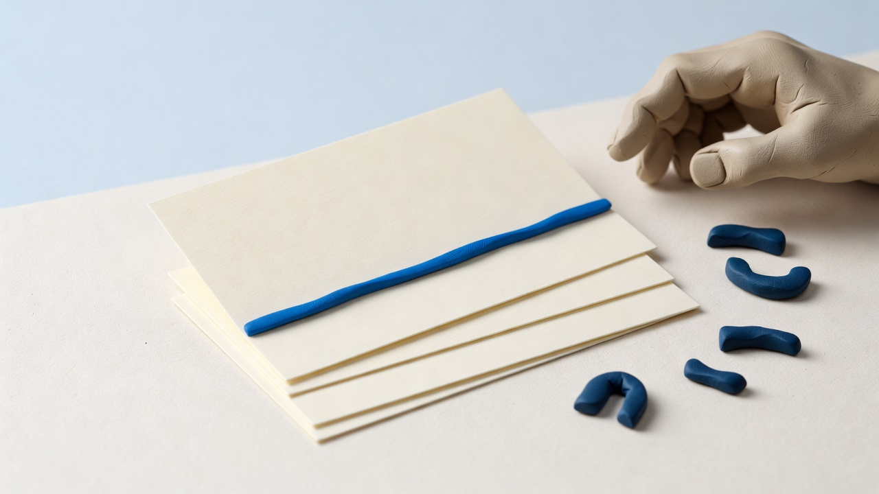 Clay index cards with the top card lifted as the first line