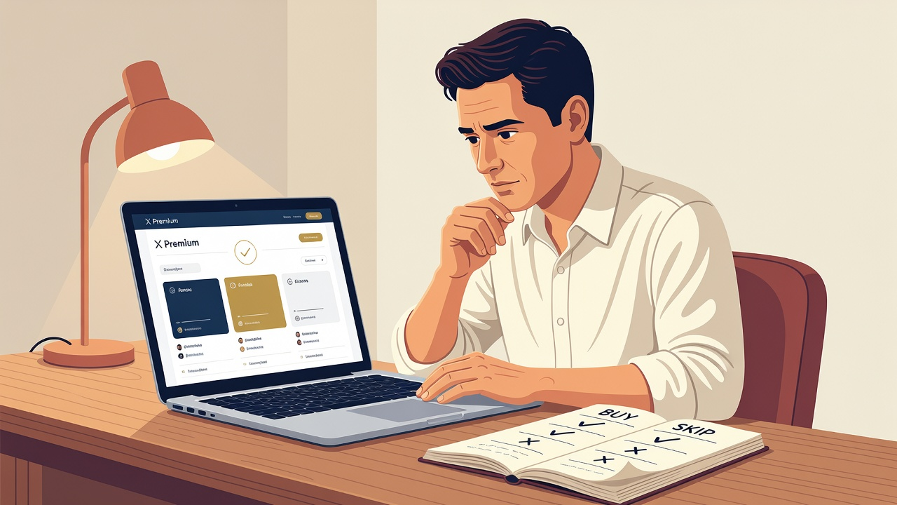 Founder at a laptop comparing an X Premium checkout screen with a handwritten buy or skip matrix