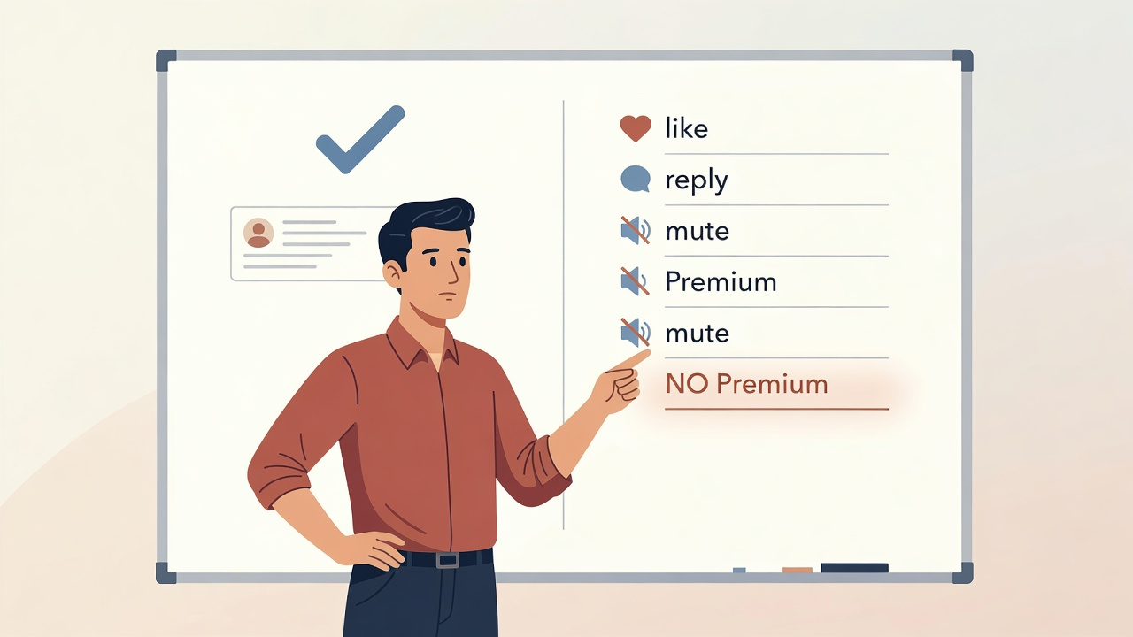Founder comparing a blue checkmark on a profile with a ranking weights notebook that has no Premium line
