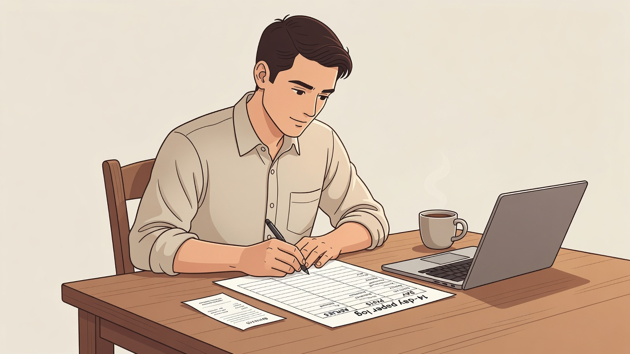 Founder filling a 14-day notebook of post counts and replies while an X Premium receipt sits to the side