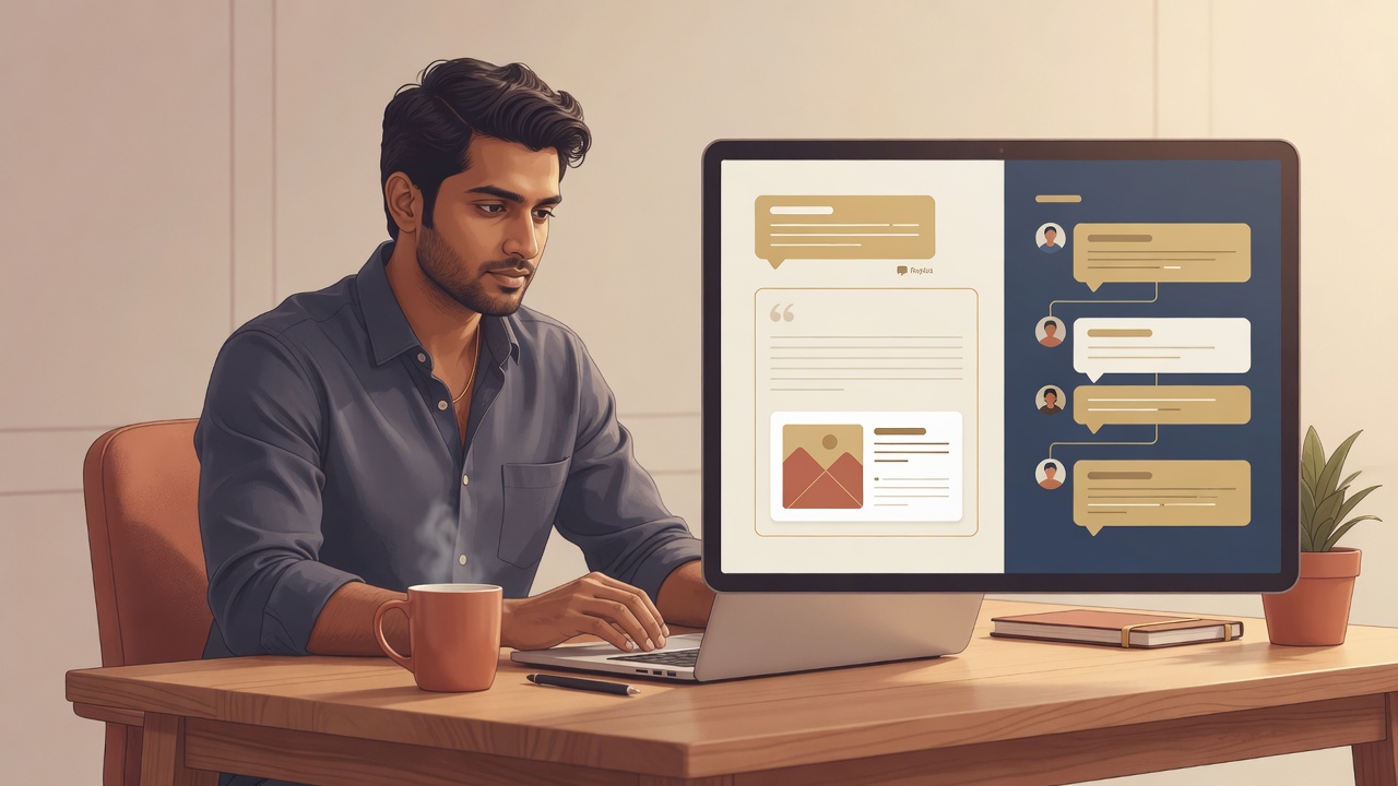 Founder at a laptop choosing between a quote post and a nested reply