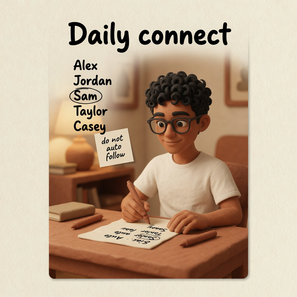 Illustrated @shownotover reviewing a daily connect list on clay paper with a big do not auto follow note