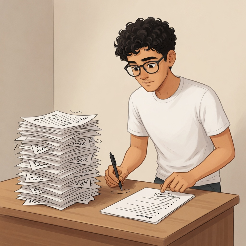Founder comparing a tall nuke-all stack of paper with a thinner surgical-cut list