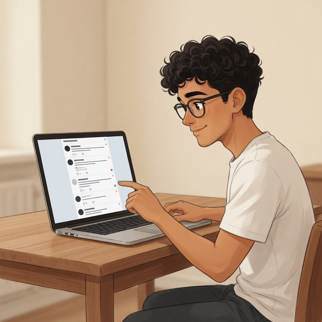 Founder at a laptop reviewing a long X timeline and marking a few posts to delete