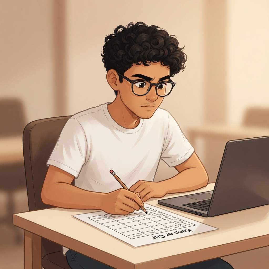 Founder filling a keep-or-cut table on paper next to a laptop