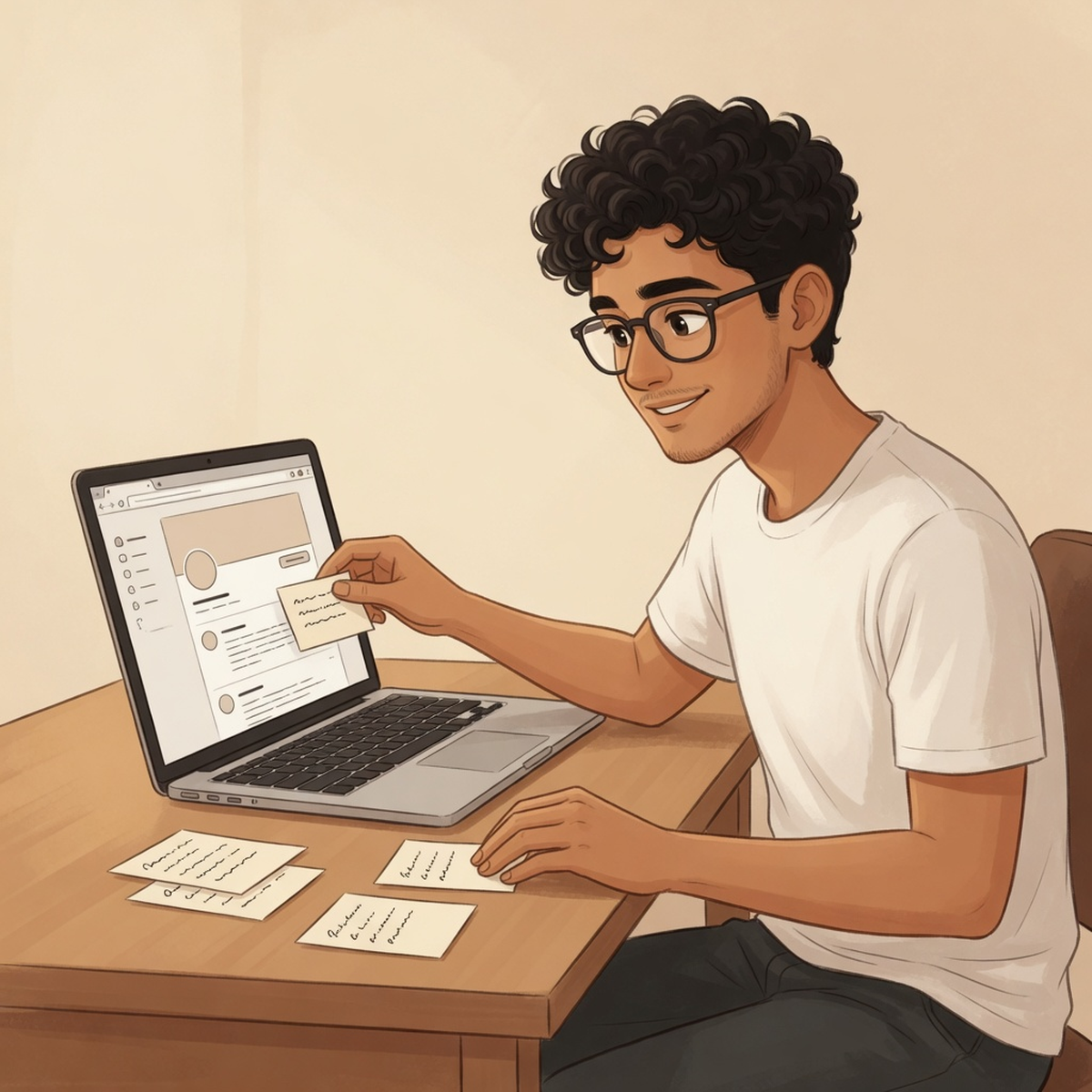 Founder at a laptop choosing which tweet to pin, three draft cards on a warm desk