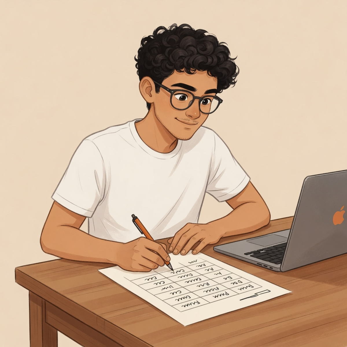 Founder filling a six-row pin decision matrix on paper next to a laptop
