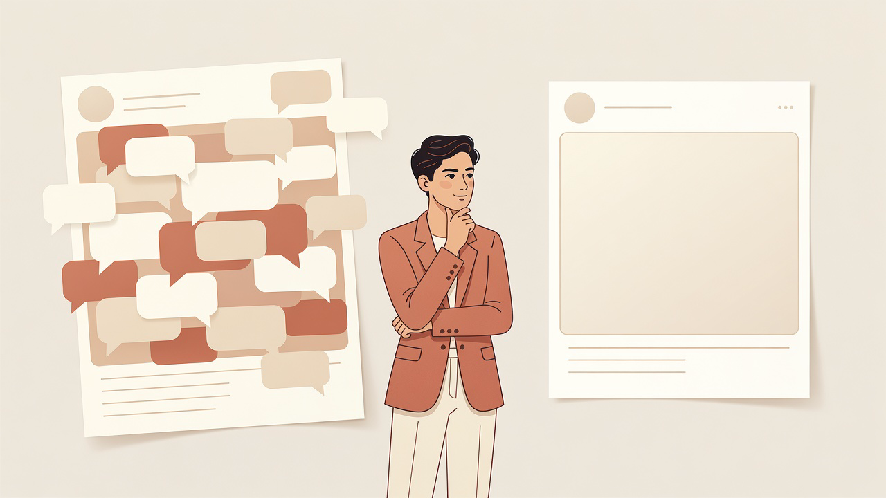 Founder comparing a crowded reply thread with a single original in a home feed
