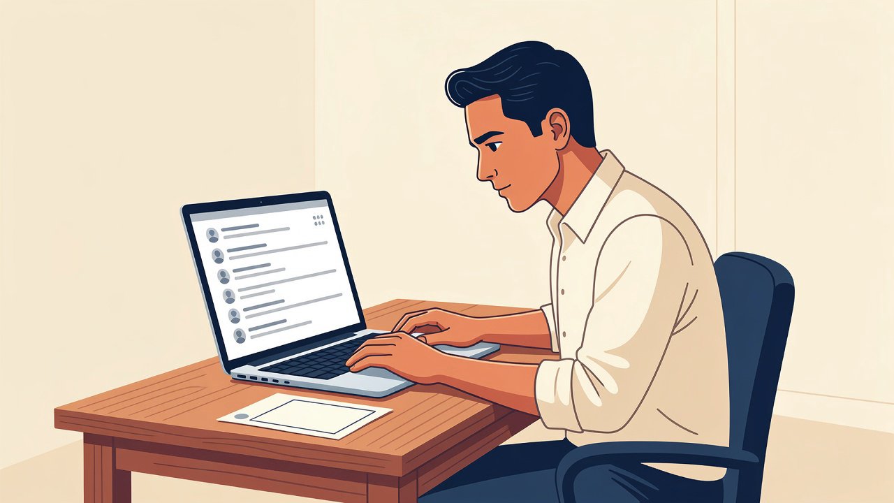 Founder at a laptop writing one careful reply next to a home feed of originals