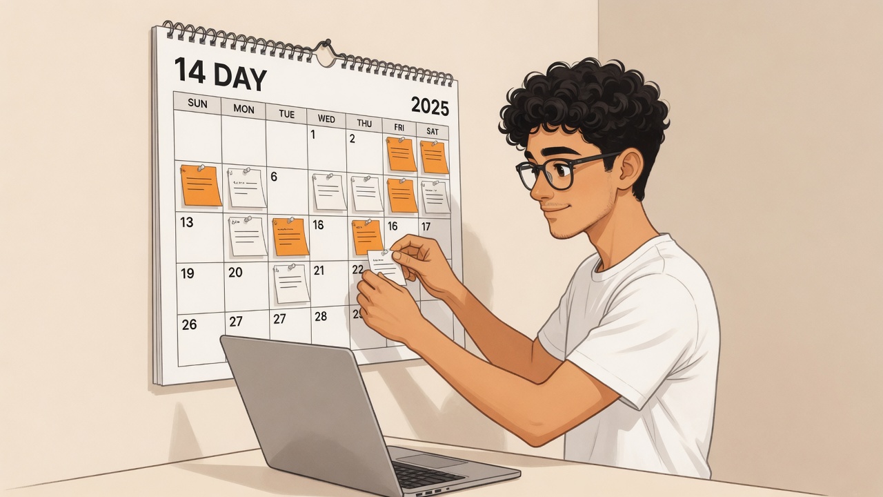 Founder planning a 14-day primary test on a wall calendar