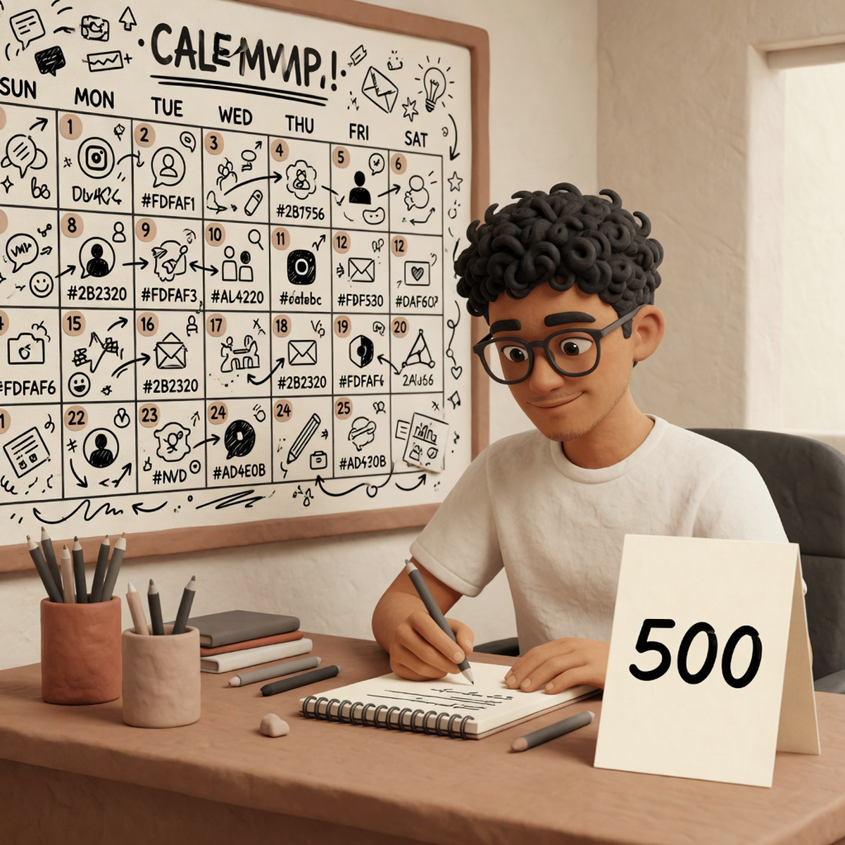 Illustrated @shownotover at a clay desk comparing a team calendar with a single 500 in 30 number
