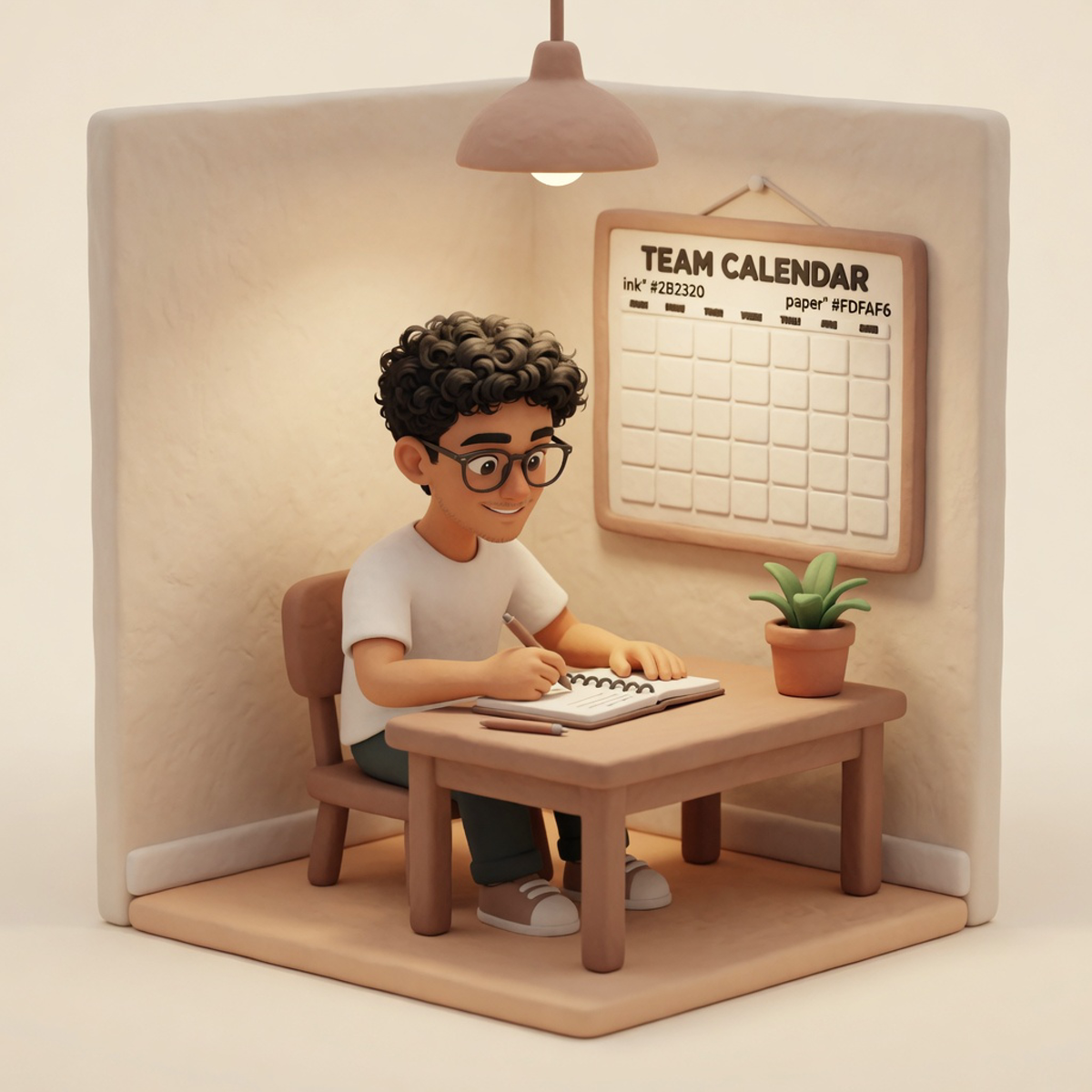 @shownotover rewriting a thread on paper while a team calendar sits unused to the side