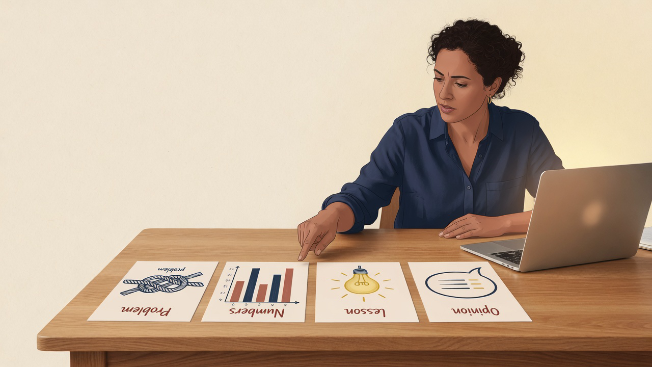 Founder at a warm desk sorting four paper cards for problem, numbers, lesson, and opinion posts