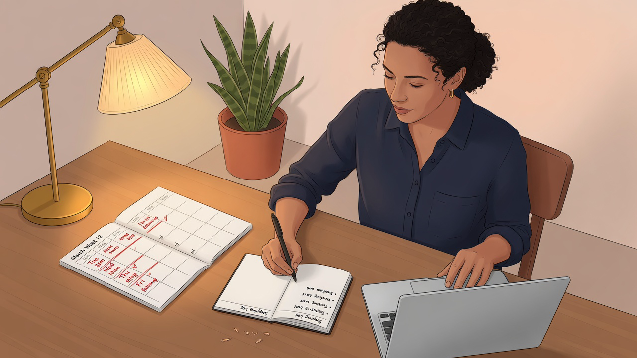 Founder writing a three-bullet shipping log next to a paper week with four marked slots