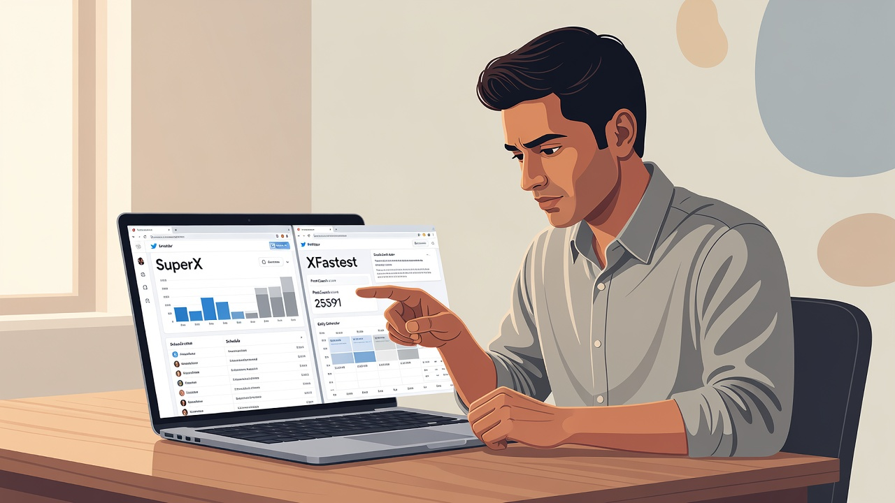 Founder at a laptop comparing SuperX and XFastest dashboards for X growth