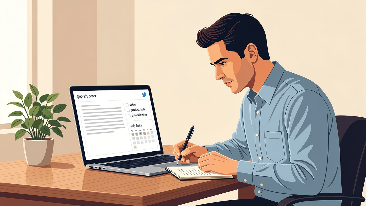 Founder reviewing a tweet draft against voice, product facts, and a four-slot daily calendar