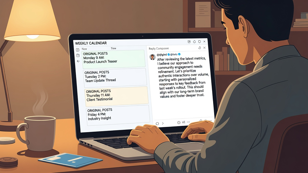 Founder at night with a four-post weekly calendar and a reply composer open